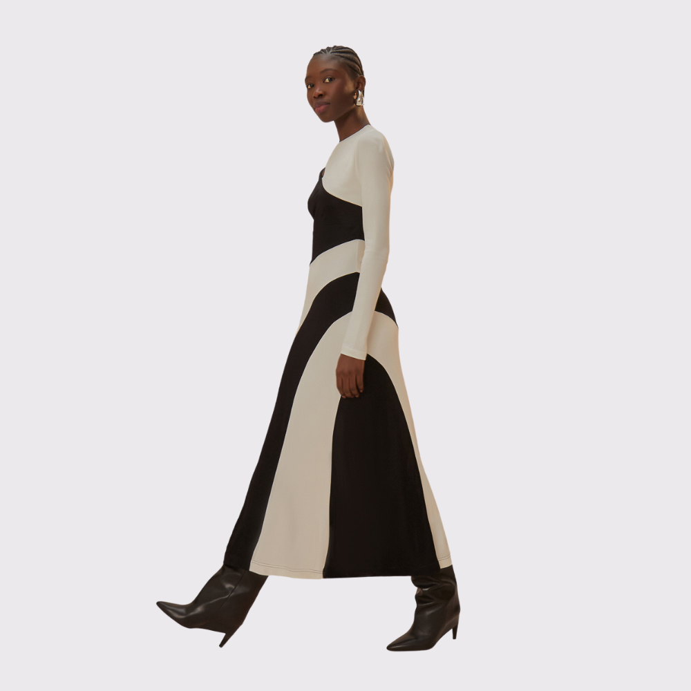 Black and White Cut-Out Long Sleeve Midi Dress