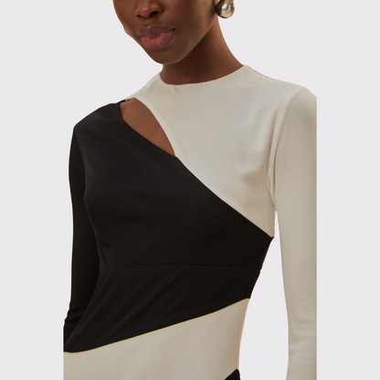 Black and White Cut-Out Long Sleeve Midi Dress