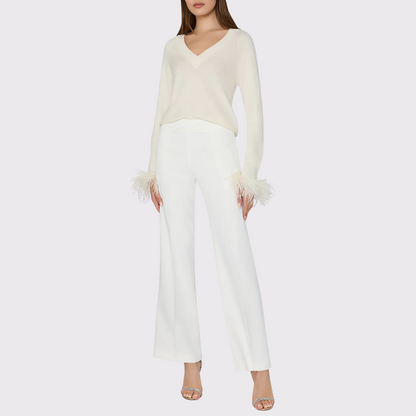Milly Feather Cuff V-Neck Sweater