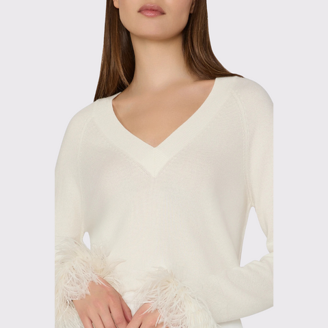 Milly Feather Cuff V-Neck Sweater