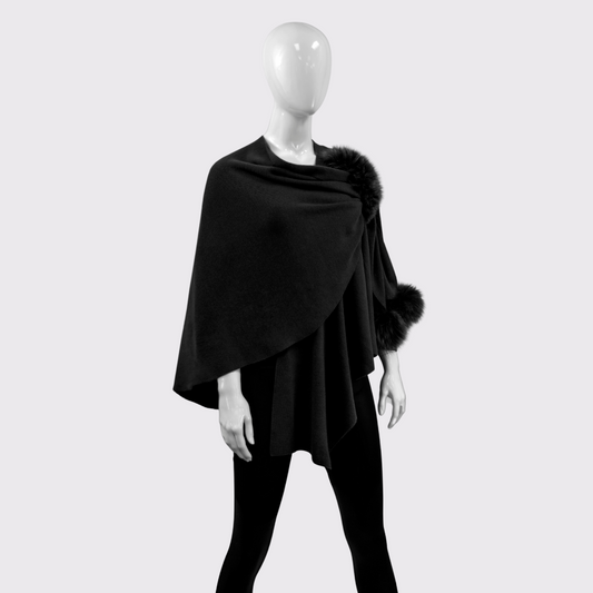 Mitchie's Black Knit Wrap With Fox Poms