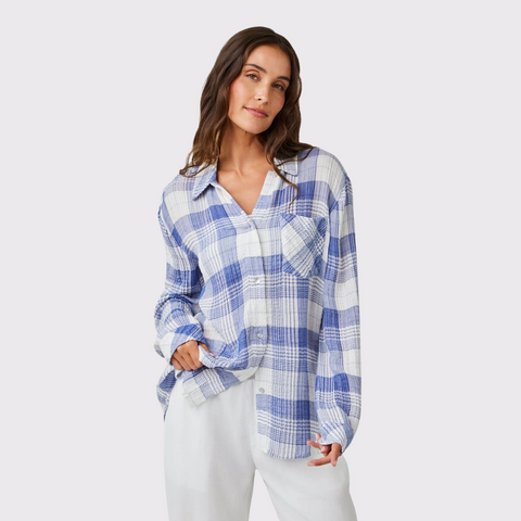 Bella Dahl Oversized Shirt with Pocket - Pacific Blue Plaid