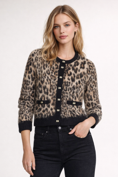 Soft Wool Leopard 3/4 Sleeve Cardigan