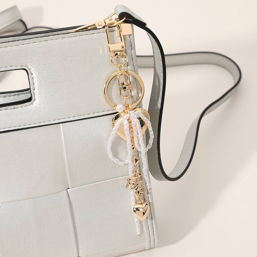 Pearl Beaded Bow Metal Heart Embellished Bag Charm Keychain: Gold