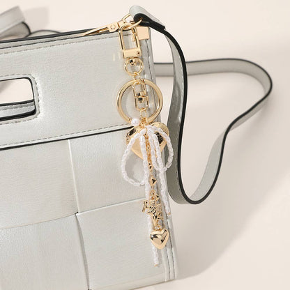 Pearl Beaded Bow Metal Heart Embellished Bag Charm Keychain: Gold