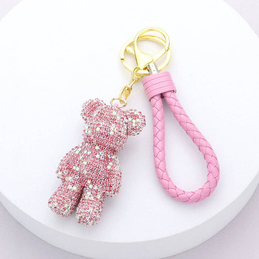 Bling Bear Figure Faux Leather Strap Bag Charm in Pink