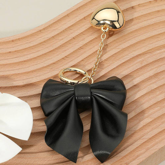 Faux Leather Bow Metal Heart Drop Bag Charm