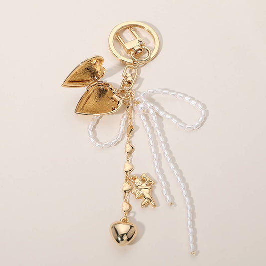 Pearl Beaded Bow Metal Heart Embellished Bag Charm Keychain: Gold