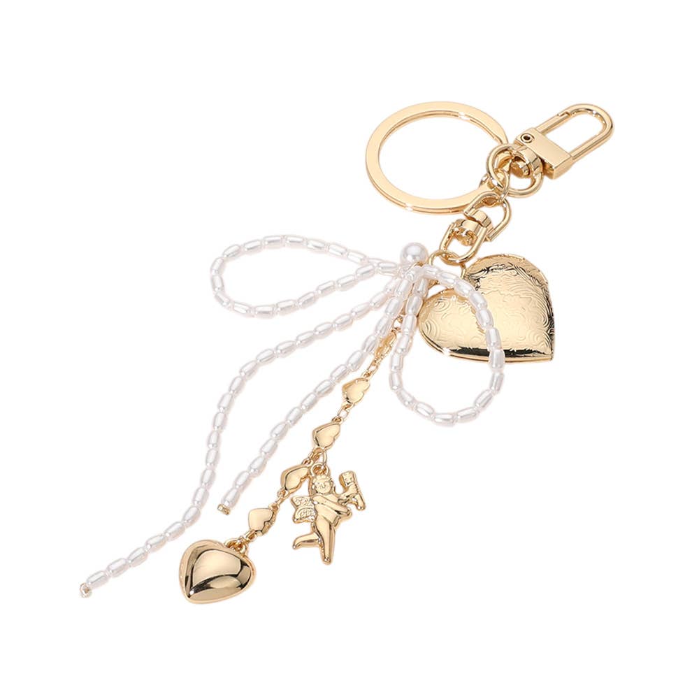Pearl Beaded Bow Metal Heart Embellished Bag Charm Keychain: Gold