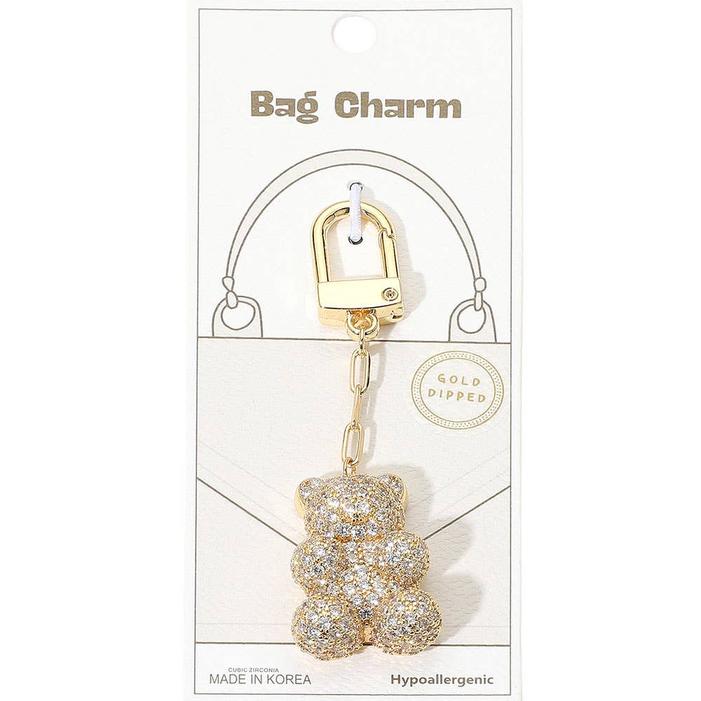 Gold Dipped CZ Stone Paved Teddy Bear Drop Keychain / Bag Charm