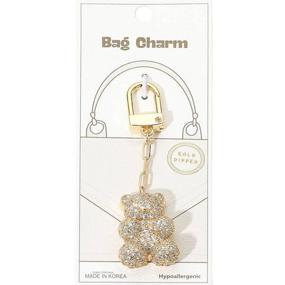 Gold Dipped CZ Stone Paved Teddy Bear Drop Keychain / Bag Charm