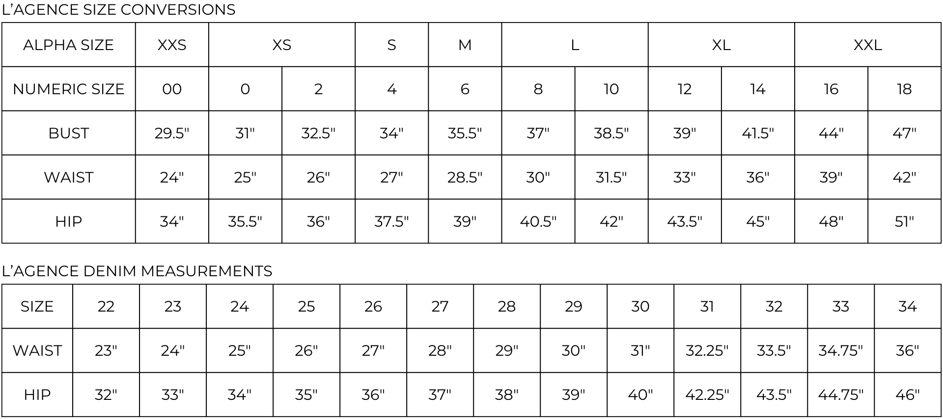 L agence Size Chart Carriage Trade Shop l-agence-size-chart-carriage-trade-shop